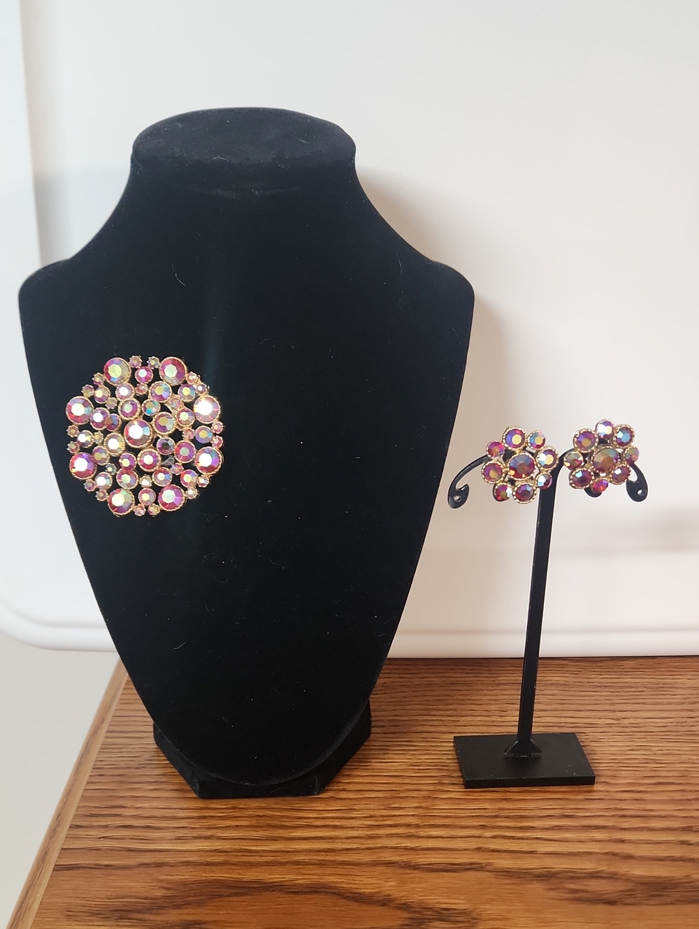 Red AB Cluster Brooch and Clip On Set